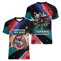 Hispanic Heritage Month Unidos We Rise Women V-Neck T-Shirt Vibrant Sunflower Flags - Globe Graphic With Splatter Paint