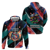 Hispanic Heritage Month Unidos We Rise Zip Hoodie Vibrant Sunflower Flags - Globe Graphic With Splatter Paint