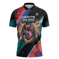Hispanic Heritage Month Unidos We Rise Zipper Polo Shirt Vibrant Sunflower Flags - Globe Graphic With Splatter Paint