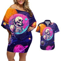 Skull Couples Matching Off Shoulder Short Dress and Hawaiian Shirt I Love You in every Universe Cosmic Abstract Art - Wonder Print Shop