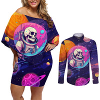 Skull Couples Matching Off Shoulder Short Dress and Long Sleeve Button Shirts I Love You in every Universe Cosmic Abstract Art - Wonder Print Shop