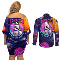 Skull Couples Matching Off Shoulder Short Dress and Long Sleeve Button Shirts I Love You in every Universe Cosmic Abstract Art - Wonder Print Shop
