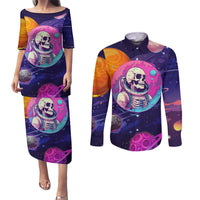 Skull Couples Matching Puletasi Dress and Long Sleeve Button Shirts I Love You in every Universe Cosmic Abstract Art - Wonder Print Shop