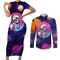 Skull Couples Matching Short Sleeve Bodycon Dress and Long Sleeve Button Shirts I Love You in every Universe Cosmic Abstract Art - Wonder Print Shop