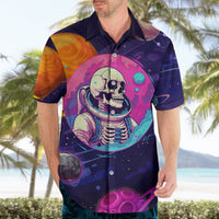 Men's dark navy Hawaiian shirt, front astronaut skull graphic with planets and stars.