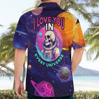 Men's dark navy Hawaiian shirt back print: I LOVE YOU IN EVERY UNIVERSE astronaut skull.