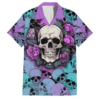 Multicolor skull and rose Hawaiian shirt, short-sleeve button-up with purple collar