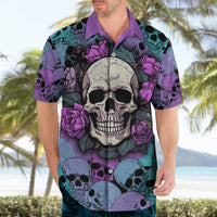 Purple-collared Hawaiian shirt with large skull face, roses, and teal/purple skull pattern
