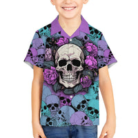 Kids Hawaiian shirt with large skull graphic, roses, and multicolor skull pattern