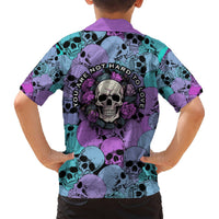 Back of multicolor skull Hawaiian shirt with roses and 'YOU ARE NOT HARD TO LOVE' wording