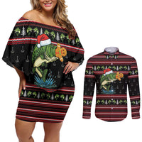 Merry Fishmas Christmas Couples Matching Off Shoulder Short Dress and Long Sleeve Button Shirt Xmas Holiday Patterns - Wonder Print Shop