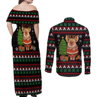 Pig Gorgeous Reindeer Christmas Couples Matching Off Shoulder Maxi Dress and Long Sleeve Button Shirt Xmas Holiday Patterns - Wonder Print Shop