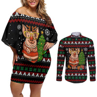 Pig Gorgeous Reindeer Christmas Couples Matching Off Shoulder Short Dress and Long Sleeve Button Shirt Xmas Holiday Patterns - Wonder Print Shop