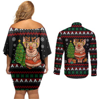 Pig Gorgeous Reindeer Christmas Couples Matching Off Shoulder Short Dress and Long Sleeve Button Shirt Xmas Holiday Patterns - Wonder Print Shop