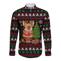 Pig Gorgeous Reindeer Christmas Long Sleeve Button Shirt Xmas Holiday Patterns - Wonder Print Shop