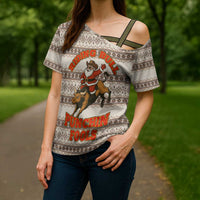 Riding Bulls Punchin Fools Christmas Cross Shoulder Shirt Xmas Holiday Patterns - Wonder Print Shop
