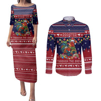Rooster Through The Snow Christmas Couples Matching Puletasi and Long Sleeve Button Shirt Xmas Holiday Patterns - Wonder Print Shop