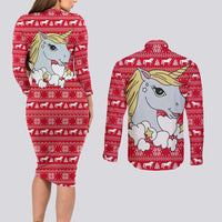 Lovely Unicorn Christmas Couples Matching Long Sleeve Bodycon Dress and Long Sleeve Button Shirt Xmas Holiday Patterns - Wonder Print Shop