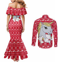 Lovely Unicorn Christmas Couples Matching Mermaid Dress and Long Sleeve Button Shirt Xmas Holiday Patterns - Wonder Print Shop