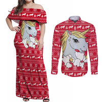 Lovely Unicorn Christmas Couples Matching Off Shoulder Maxi Dress and Long Sleeve Button Shirt Xmas Holiday Patterns - Wonder Print Shop