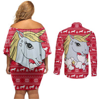 Lovely Unicorn Christmas Couples Matching Off Shoulder Short Dress and Long Sleeve Button Shirt Xmas Holiday Patterns - Wonder Print Shop
