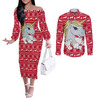 Lovely Unicorn Christmas Couples Matching Off The Shoulder Long Sleeve Dress and Long Sleeve Button Shirt Xmas Holiday Patterns - Wonder Print Shop