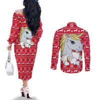 Lovely Unicorn Christmas Couples Matching Off The Shoulder Long Sleeve Dress and Long Sleeve Button Shirt Xmas Holiday Patterns - Wonder Print Shop