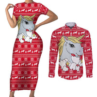 Lovely Unicorn Christmas Couples Matching Short Sleeve Bodycon Dress and Long Sleeve Button Shirt Xmas Holiday Patterns - Wonder Print Shop