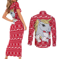 Lovely Unicorn Christmas Couples Matching Short Sleeve Bodycon Dress and Long Sleeve Button Shirt Xmas Holiday Patterns - Wonder Print Shop