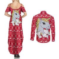 Lovely Unicorn Christmas Couples Matching Summer Maxi Dress and Long Sleeve Button Shirt Xmas Holiday Patterns - Wonder Print Shop