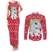 Lovely Unicorn Christmas Couples Matching Tank Maxi Dress and Long Sleeve Button Shirt Xmas Holiday Patterns - Wonder Print Shop
