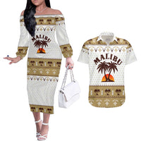 Malibu Christmas Couples Matching Off The Shoulder Long Sleeve Dress and Hawaiian Shirt Xmas Holiday Patterns - Wonder Print Shop