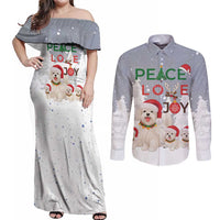 Maltese Peace Love Joy Christmas Couples Matching Off Shoulder Maxi Dress and Long Sleeve Button Shirt Xmas Holiday Patterns - Wonder Print Shop