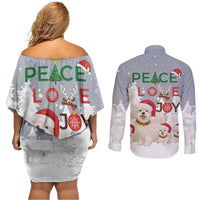 Maltese Peace Love Joy Christmas Couples Matching Off Shoulder Short Dress and Long Sleeve Button Shirt Xmas Holiday Patterns - Wonder Print Shop