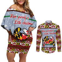 Maryland Symbols Christmas Couples Matching Off Shoulder Short Dress and Long Sleeve Button Shirt Xmas Holiday Patterns - Wonder Print Shop