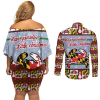 Maryland Symbols Christmas Couples Matching Off Shoulder Short Dress and Long Sleeve Button Shirt Xmas Holiday Patterns - Wonder Print Shop