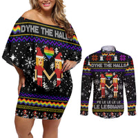 LGBT Lesbians Christmas Couples Matching Off Shoulder Short Dress and Long Sleeve Button Shirt Xmas Holiday Patterns - Wonder Print Shop