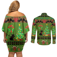 Love Black Cat Christmas Couples Matching Off Shoulder Short Dress and Long Sleeve Button Shirt Xmas Holiday Patterns - Wonder Print Shop
