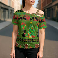 Love Black Cat Christmas Cross Shoulder Shirt Xmas Holiday Patterns - Wonder Print Shop