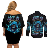 Judge Me When Mad Reaper Skull Couples Matching Off Shoulder Short Dress and Long Sleeve Button Shirt - Wonder Print Shop
