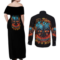 Don't Try To Figure Me Out Skull Reaper Couples Matching Off Shoulder Maxi Dress and Long Sleeve Button Shirt - Wonder Print Shop