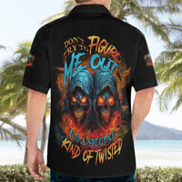 Black Hawaiian shirt with blue skull reaper graphic and fiery text on back