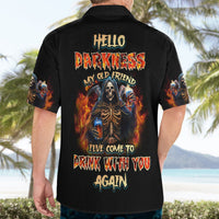 Black short-sleeve button-up shirt with back text and skull flame graphic