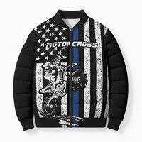 Personalized Motocross Rider Bomber Puffer Jacket with Splash Pattern and Dirt Bike Jump Illustration - Wonder Print Shop