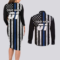 Personalized Motocross Rider Couples Matching Long Sleeve Bodycon Dress and Long Sleeve Button Shirt with Splash Pattern and Dirt Bike Jump Illustration - Wonder Print Shop