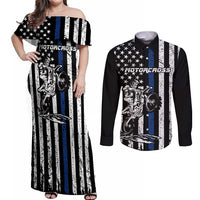 Personalized Motocross Rider Couples Matching Off Shoulder Maxi Dress and Long Sleeve Button Shirt with Splash Pattern and Dirt Bike Jump Illustration - Wonder Print Shop