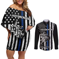 Personalized Motocross Rider Couples Matching Off Shoulder Short Dress and Long Sleeve Button Shirt with Splash Pattern and Dirt Bike Jump Illustration - Wonder Print Shop