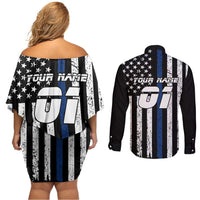 Personalized Motocross Rider Couples Matching Off Shoulder Short Dress and Long Sleeve Button Shirt with Splash Pattern and Dirt Bike Jump Illustration - Wonder Print Shop