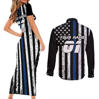 Personalized Motocross Rider Couples Matching Short Sleeve Bodycon Dress and Long Sleeve Button Shirt with Splash Pattern and Dirt Bike Jump Illustration - Wonder Print Shop
