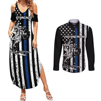 Personalized Motocross Rider Couples Matching Summer Maxi Dress and Long Sleeve Button Shirt with Splash Pattern and Dirt Bike Jump Illustration - Wonder Print Shop